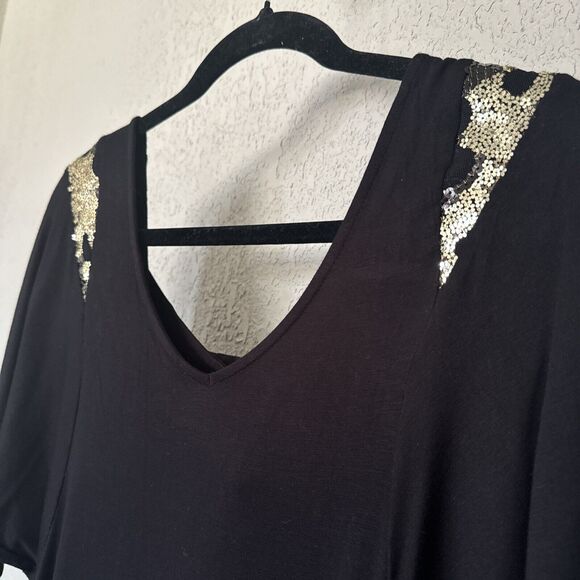 Fitted Black Gold Party Mini Dress Scoop Neck 3/4 Sleeve Sequin Stretch Size S - Picture 6 of 12